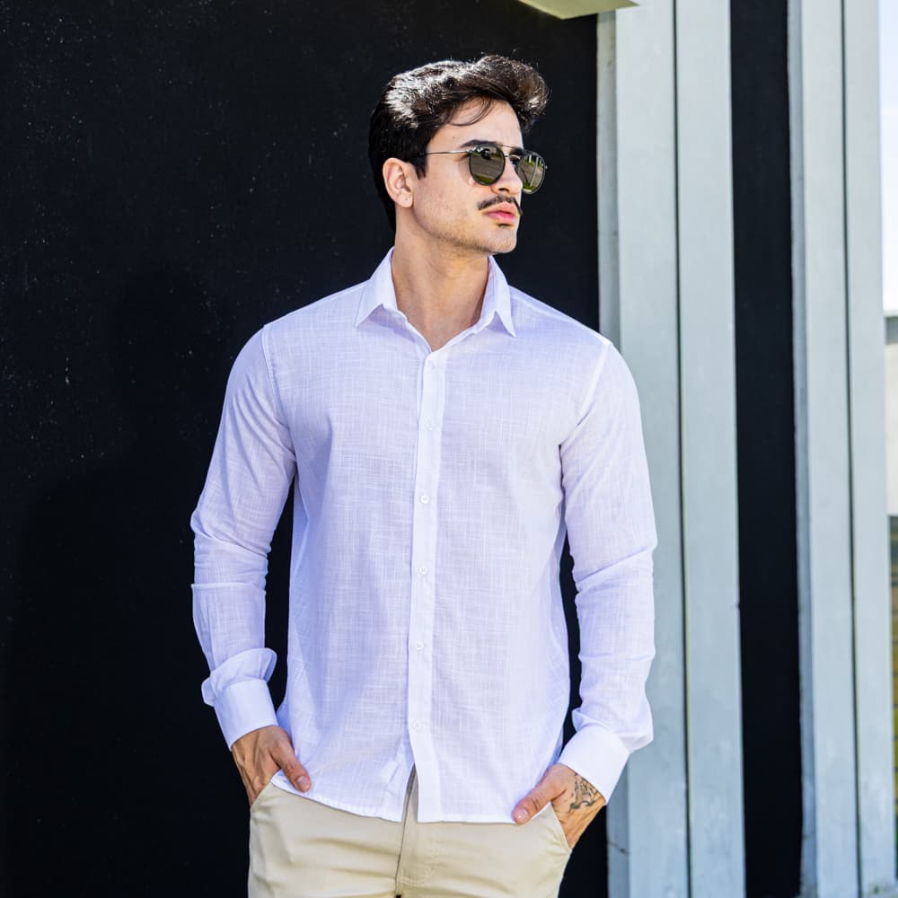Camisa Social Masculina Linho Manga Longa Slim Fit Premium Casual Elegante