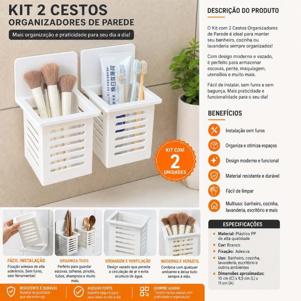 Kit 2 Cestos Organizadores Adesivos de Parede Multiuso para Banheiro, Cozinha e Lavanderia