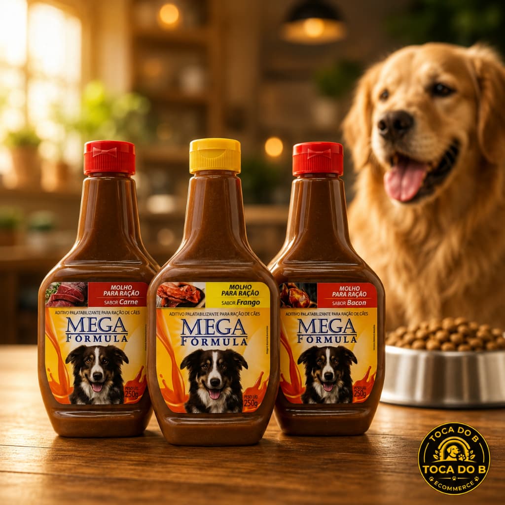 Molho Para Ração Cães Mega Fórmula Kit 3 Sabores Carne Frango Bacon 750g Palatável Alimentação Cachorro Pet