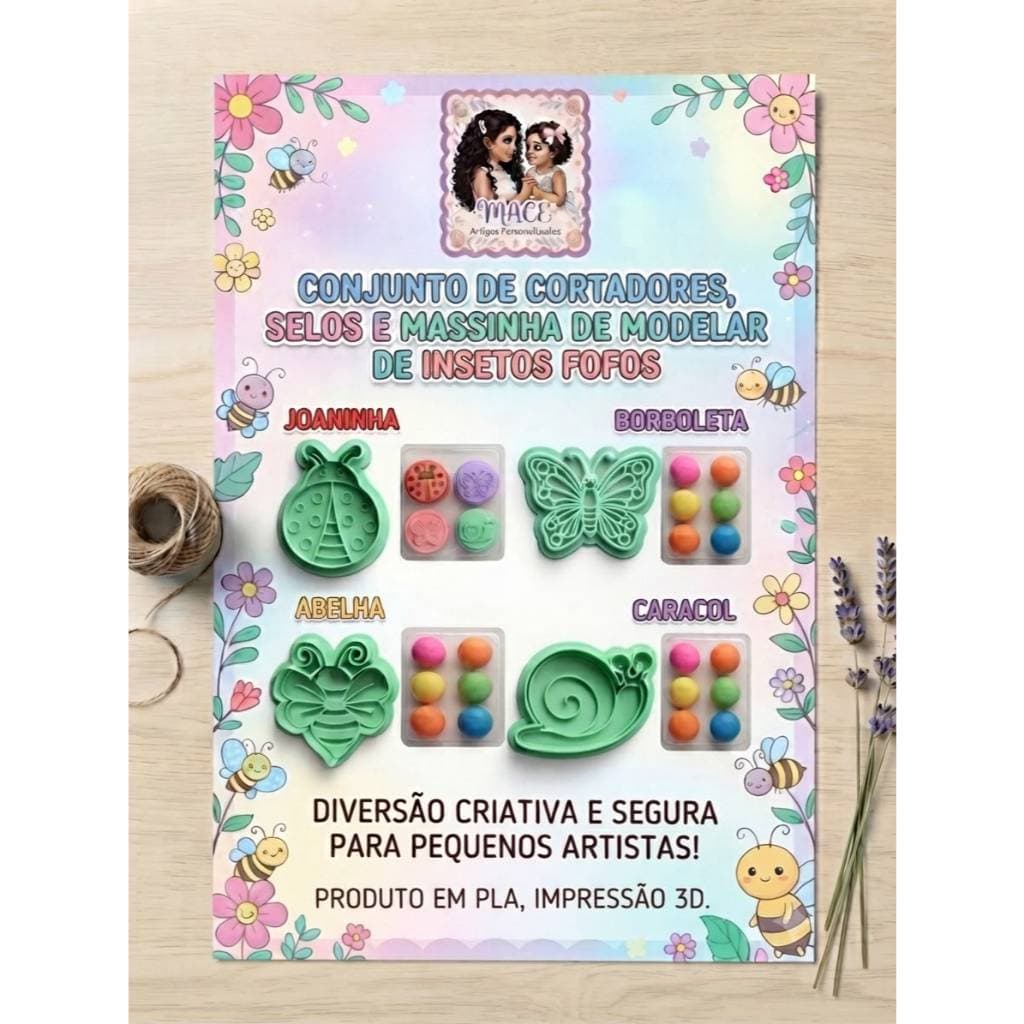 Kit de cortadores de biscoito, selos e massinha de modelar de insetos fofos