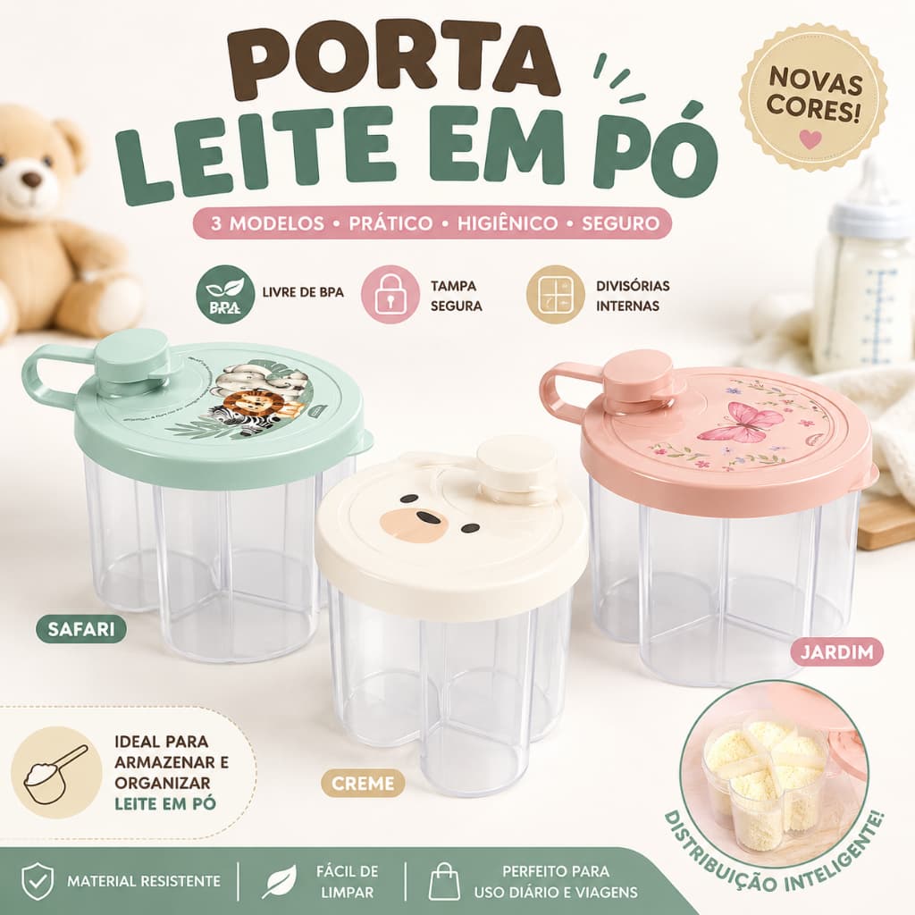 Porta Leite em Pó Bebê Plasútil Dosador 3 Compartimentos BPA Free Ursinho Porta Fórmula Infantil