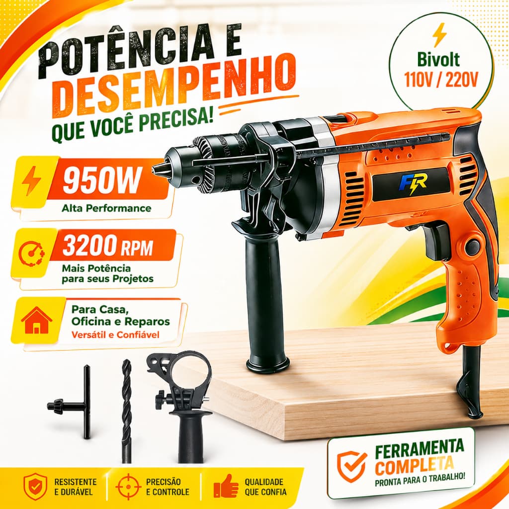 Furadeira Parafusadeira de Impacto 950W 13mm Mandril Auto Reverso, 110V/220V, Maleta e Acessórios Profissionais