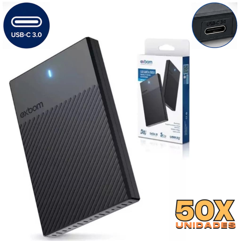 Kit 50 Case Externo USB-C 3.0 Hd 2.5 Ssd E Sata 3 Até 5tb Led - CGHD-36