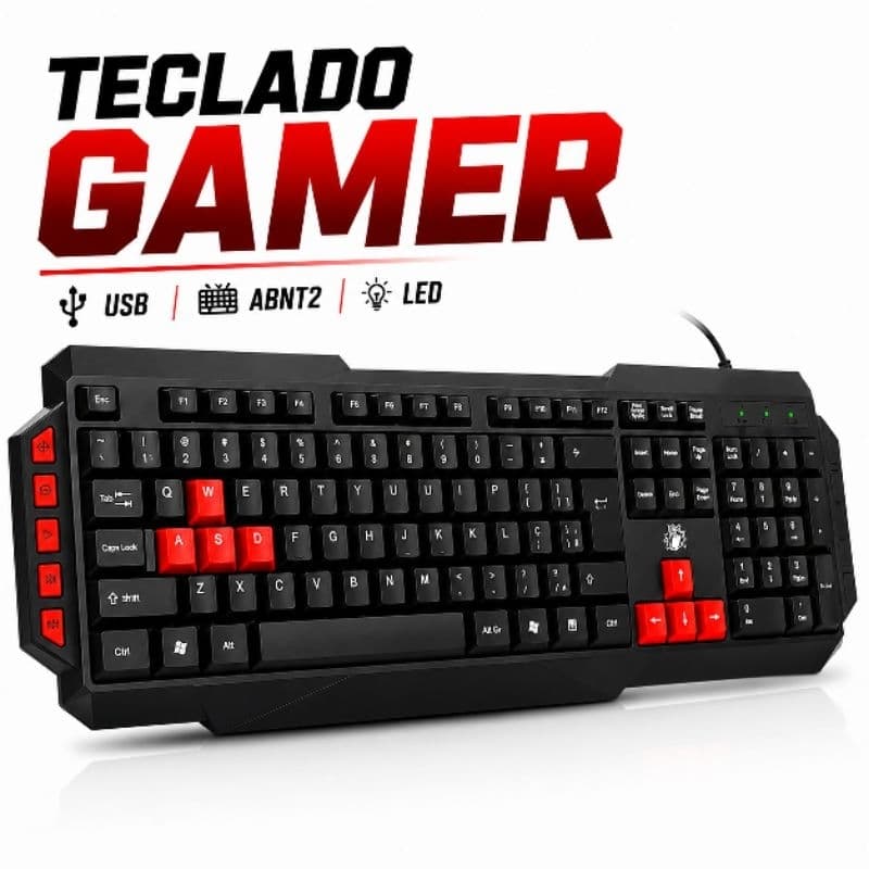 Teclado Gamer USB Semi Mecânico ABNT2 LED Preto Vermelho para PC Notebook Alta Durabilidade
