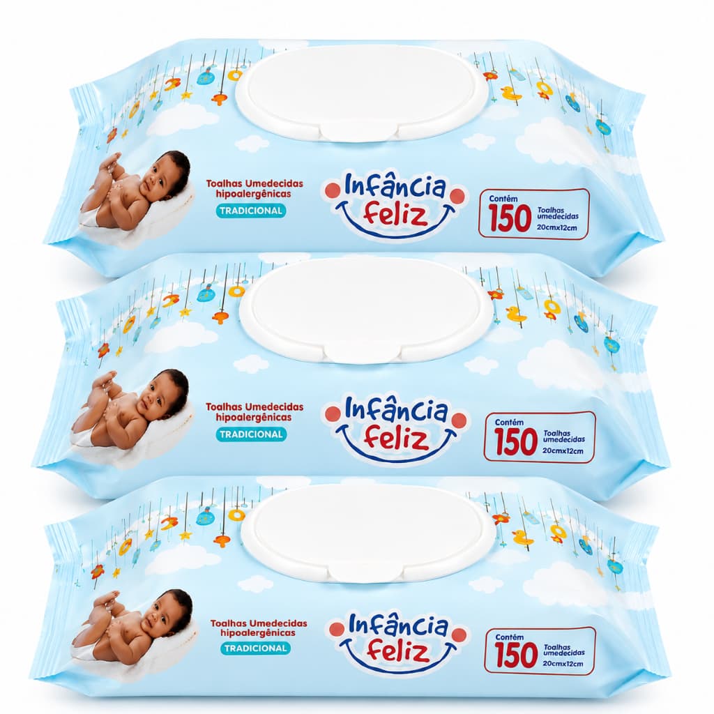 Kit 3 Lenços Umedecido Infantil 150 Folhas Cada - Limpeza Suave Pele Sensível Bebê – Infância Feliz