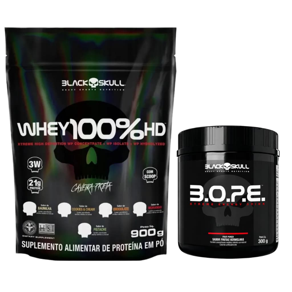 Kitl Whey Protein 100% HD CHOCOLATE 900g + Pré Treino B.O.P.E 300g FRUIT PUNCH BS  | Creatina | Cafeína | Proteína