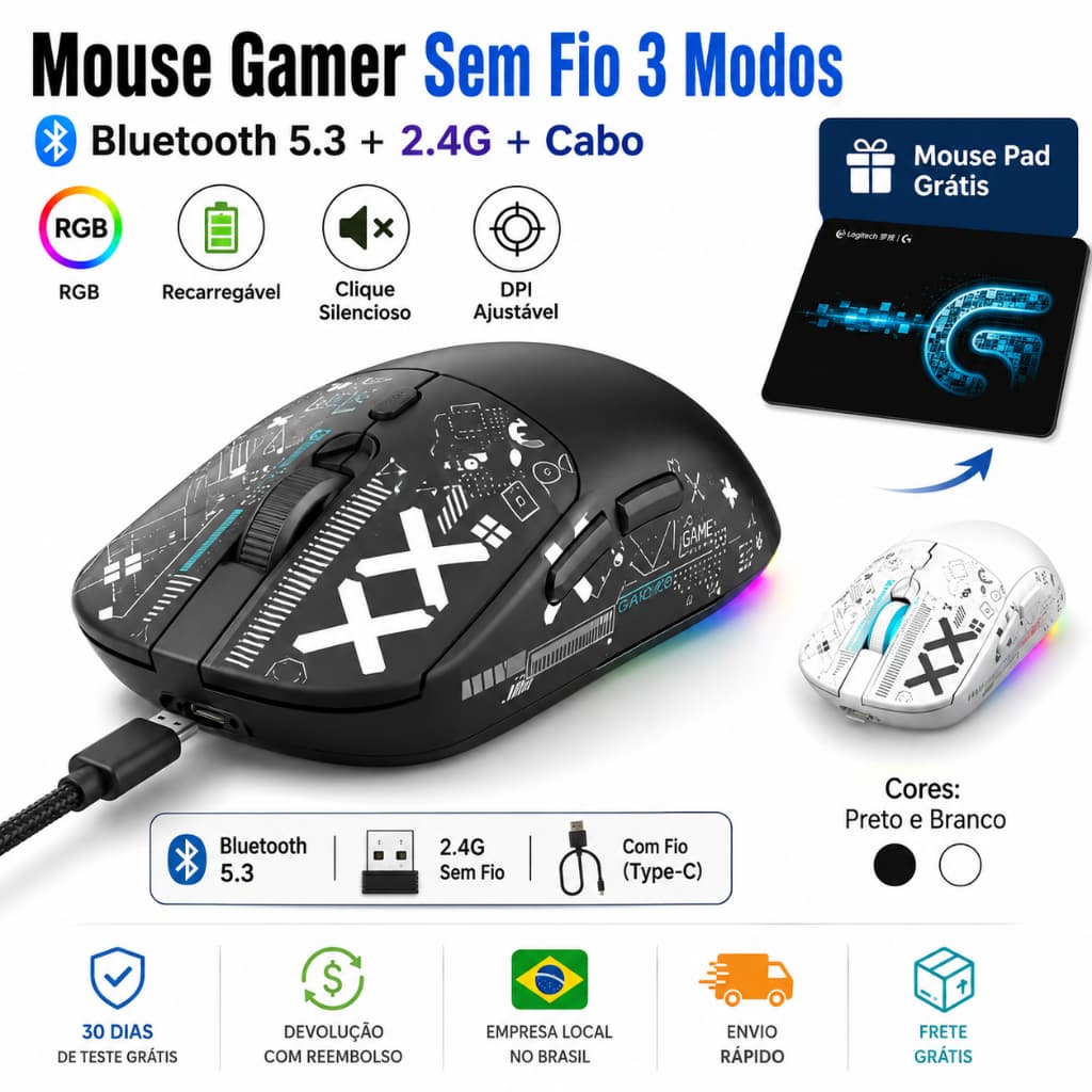 Mouse Gamer Sem Fio Recarregável 3 Modos Bluetooth 5.3 2.4G Cabo Type-C RGB DPI Ajustável + Mouse Pad