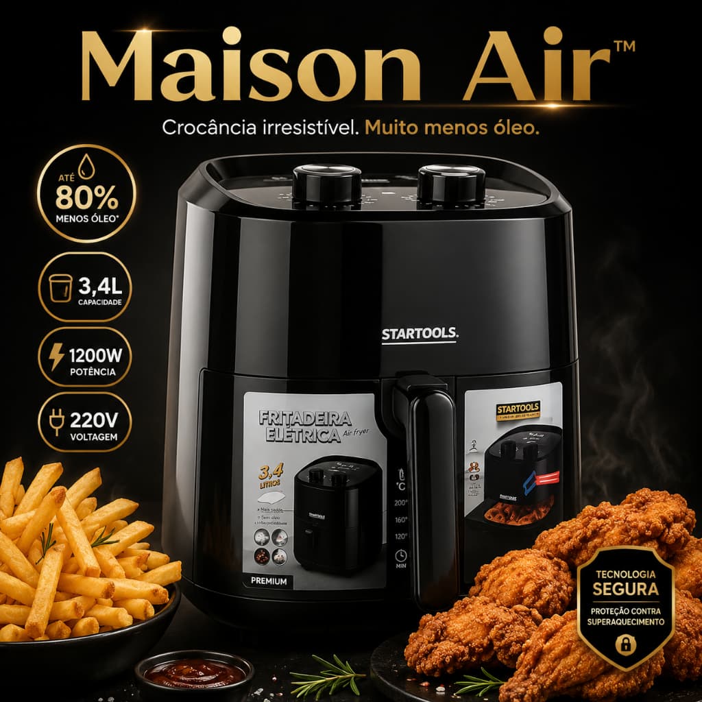 Air Fryer 3,4L 1200W 220V Sem Óleo Fritadeira Elétrica Cesta Antiaderente Timer Ajustável