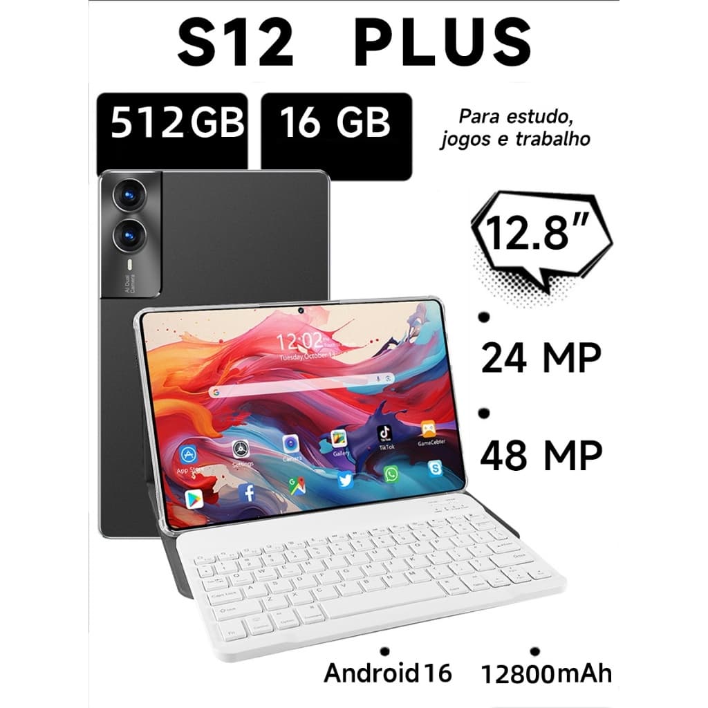 Tablet S12 Plus 12.8" 16GB RAM + 512GB ROM Android 15 | Câmera 48MP + 24MP | Bateria 10000mAh | Inclui teclado e mouse