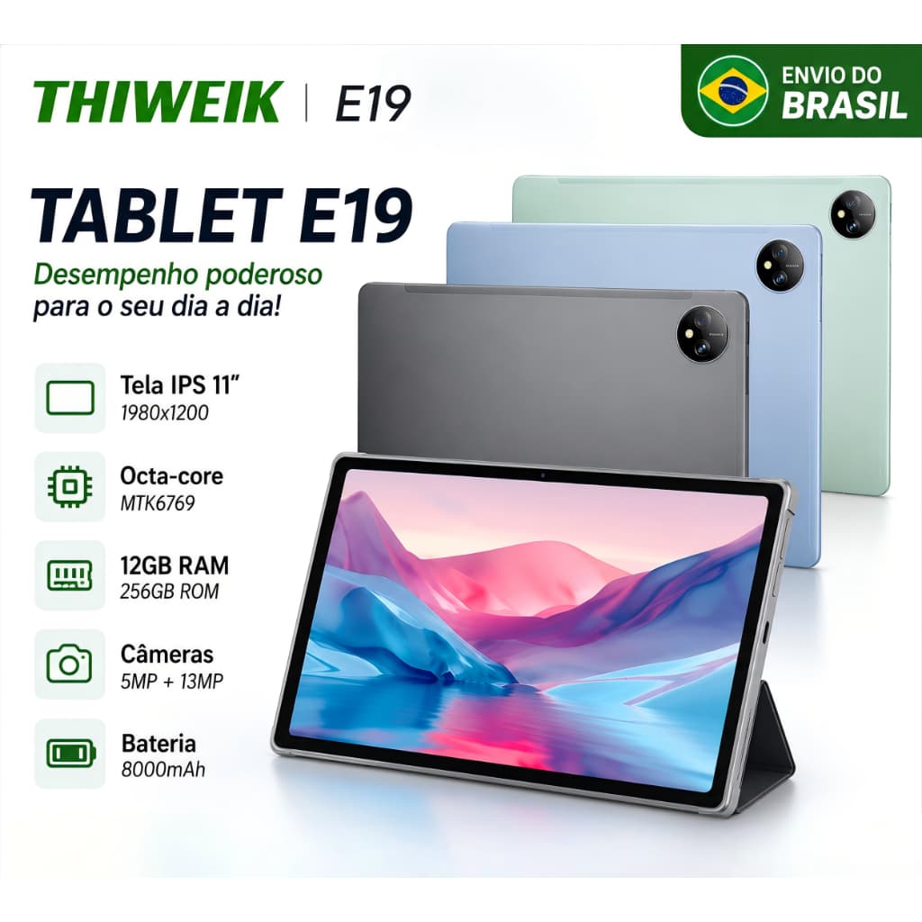 Tablet THIWEIK E19 Android 14 Tela 11” 12GB RAM 256GB WiFi 5 Bateria 8000mAh