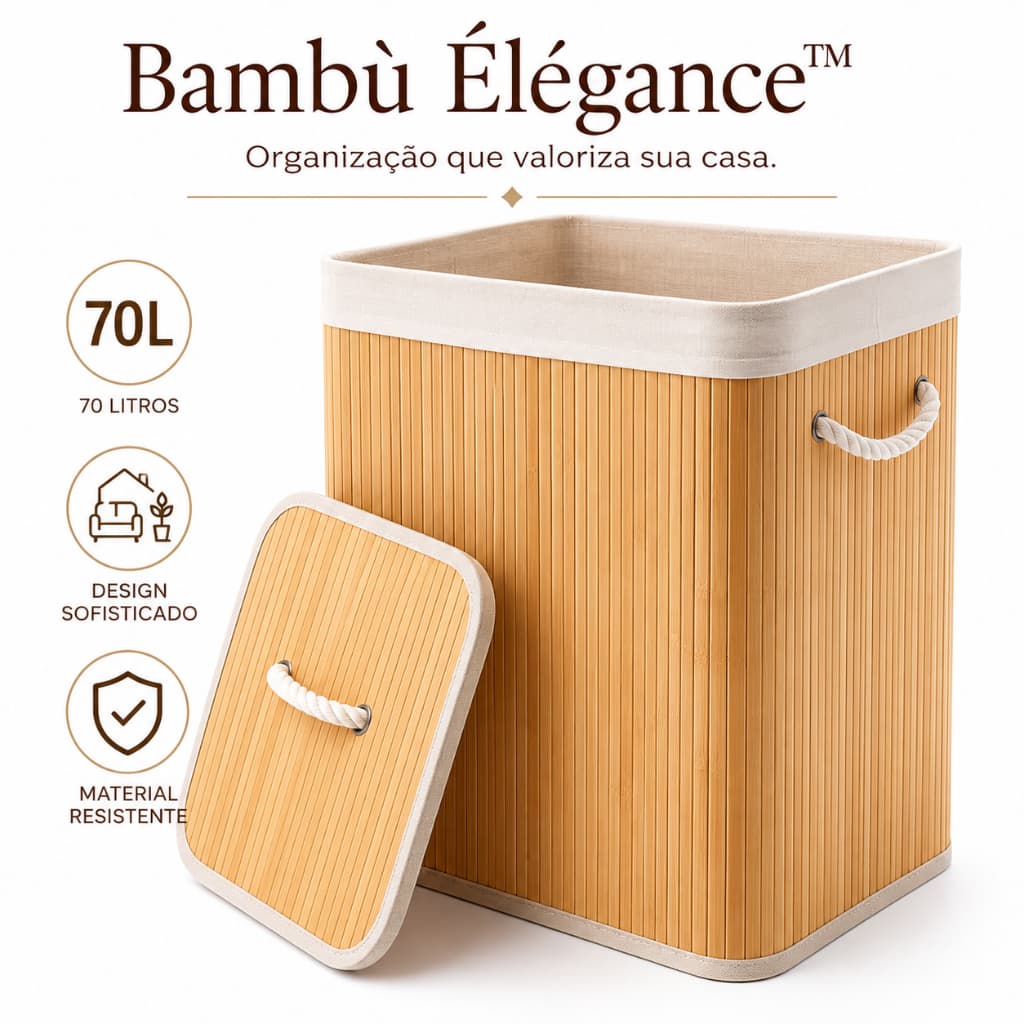 Cesto Organizador de Bambu 70L com Tampa e Alças Grande Cesto para Roupas Lavanderia Quarto Banheiro