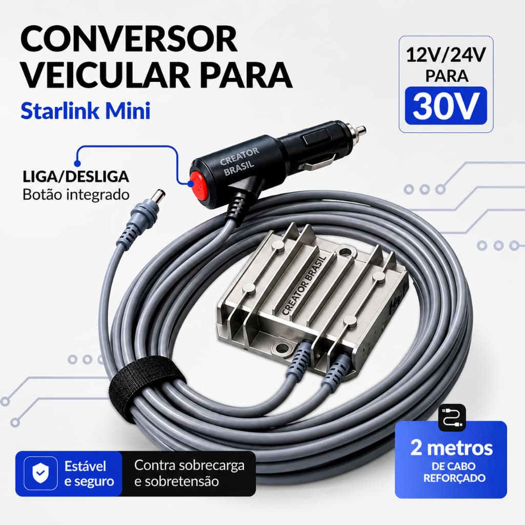 Cabo veicular Starlink Mini 12v/24v Para 30v Conversor Veicular 2m carregador pd estabilizador