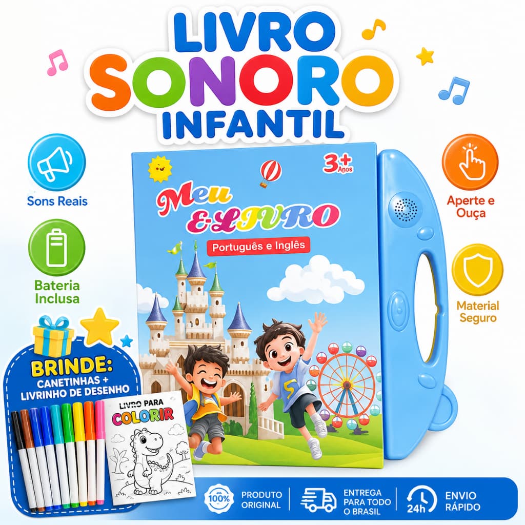 Livro Infantil com Som Livro Interativo Bilingue PT EN Brinquedo de Aprendizagem