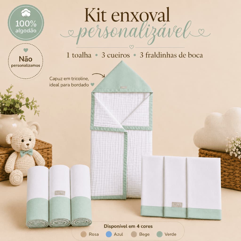 Kit Enxoval Bebê Para Bordar 7 Peças 100% Algodão Toalha Capuz Cueiro Flanelado Fralda Pano De Boca Recém Nascido
