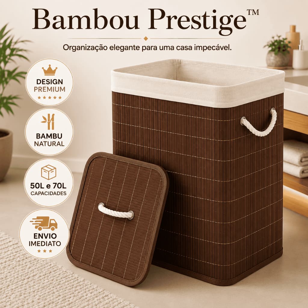 Cesto de Roupa em Bambu Natural 50L ou 70L com Tampa Dobrável Organizador para Lavanderia e Banheiro