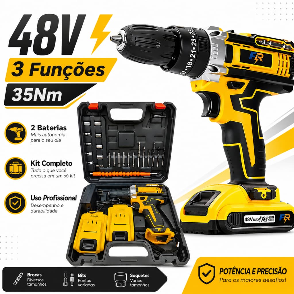 Furadeira Parafusadeira Impacto de Elétrica Sem Fio 48V 2 Baterias 3 funções Kit Completo Acessórios