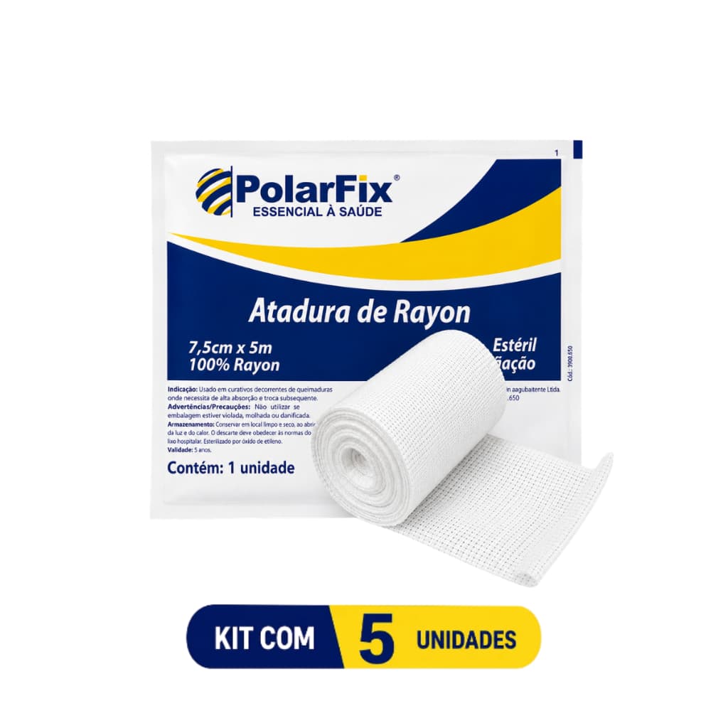 Atadura Rayon p/Curativo 7,5cmx5m Estéril Kit c/5 Unidades - Polarfix