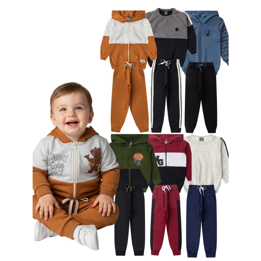 Kit 2 ou 6 Peças Conjunto Inverno Menino Moletom Peluciado Quentinho 1 ao 6 Anos Roupa Bebê Sortido