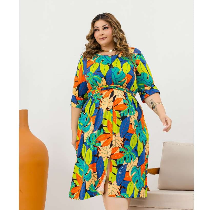 Vestido Feminino Midi Estampado Tropical Plus Size Manga 3/4 Soltinho Casual Evangélico Cintura Marcada Moda Verão