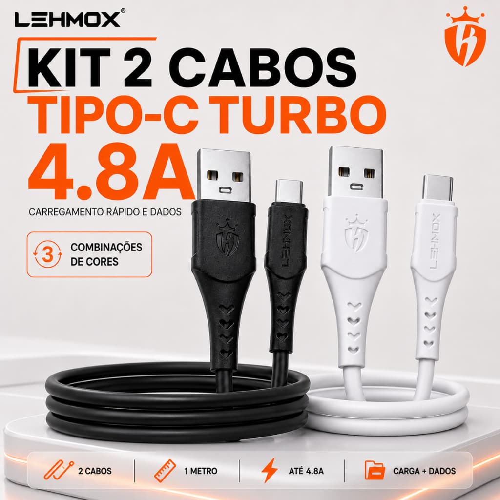 KIT 2 Cabos Tipo C Turbo Preto e Branco Carga Rápida USB 4.8A | Para Celular Tablet iPad Android iOS iPhone Apple