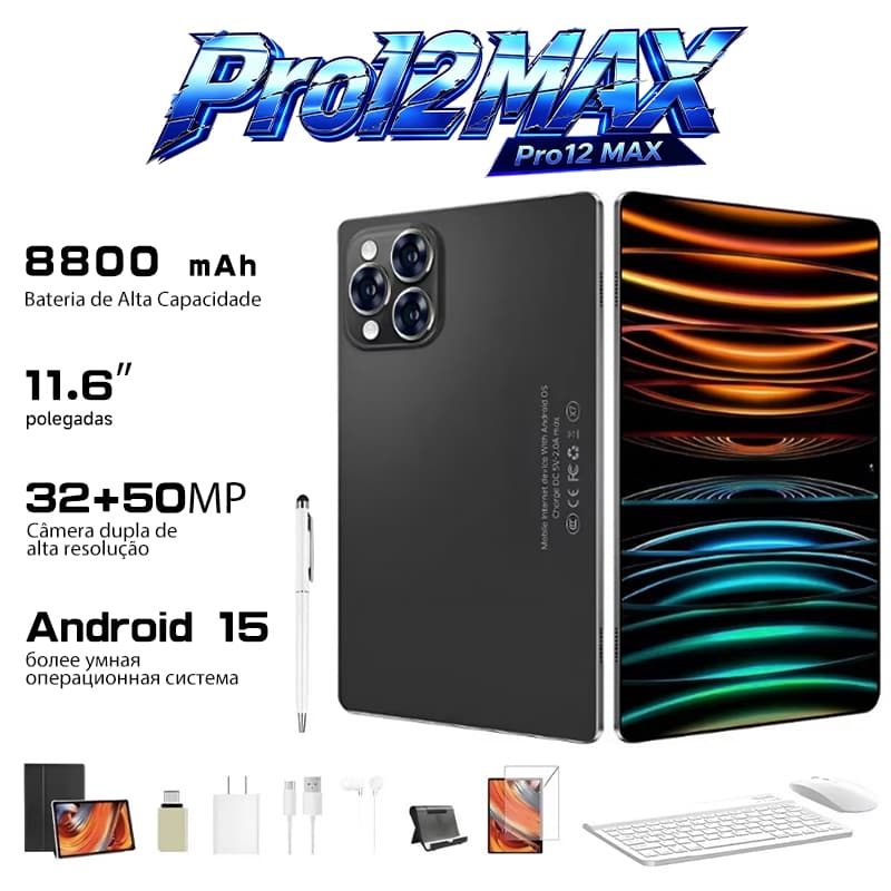 Pro12 Tablet | 16GB RAM 512GB | Android 15 | 11.6" HD screen | 5G | With Free Keyboard and Mouse