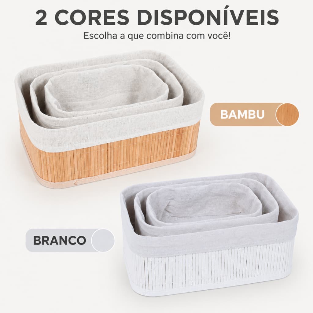 Kit 3 Cestos Organizadores de Bambu com Forro Organizador Multiuso Casa Banheiro