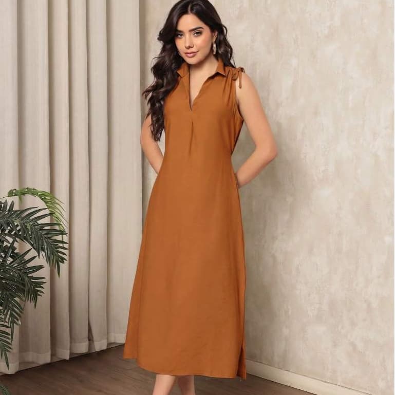 ONLYONE- VESTIDO MIDI FEMININO ELEGANTE TECIDO MARANTE AMARRAÇÃO NOS OMBROS E CINTURA- VESTIDOS FEMININOS