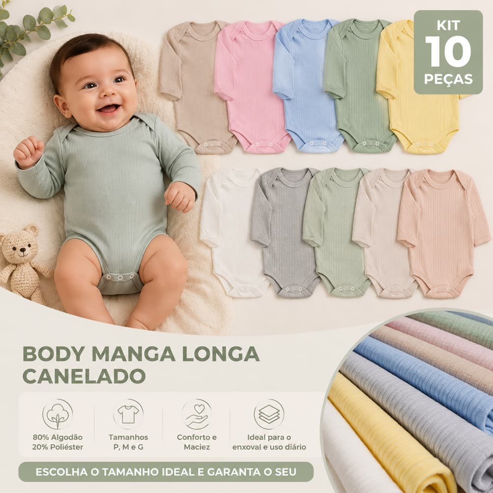 Kit 10 Peças Body Bebê Manga Longa Canelado Algodão Menino Menina Enxoval Infantil