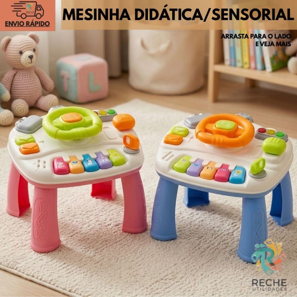 Mesa musical didática educativa sensorial infantil painel luz e volante mesinha interativa e diversão para seu bebê