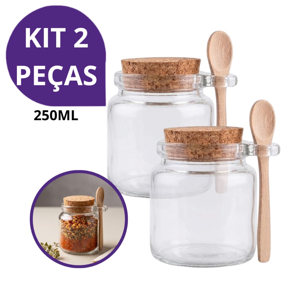 Kit 2 Pote de Vidro 250ml Tampa Cortiça e Colher de Madeira para Temperos, Condimentos, Mel, Geleia, Café e Açúcar