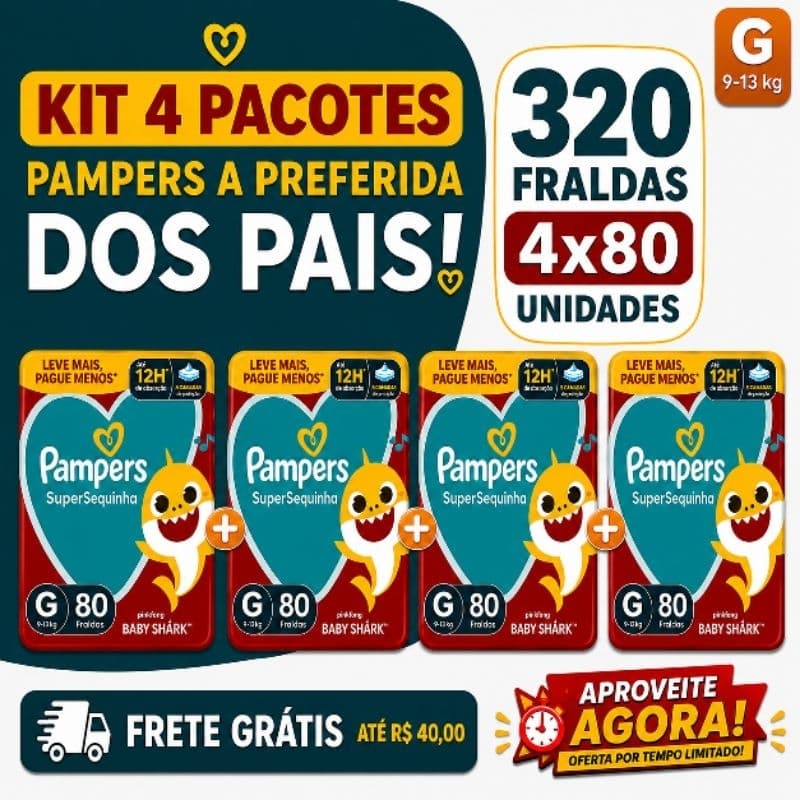 FRALDA DESCARTÁVEL PAMPERS SUPERSEQUINHA TAMANHO G 80 UNIDADES - MEGA KIT 4 PACOTES 320 FRALDAS BABY SHARK