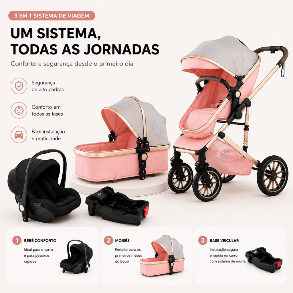 Carrinho De Bebe 3 Em 1 Bege Com Dourado Travel System