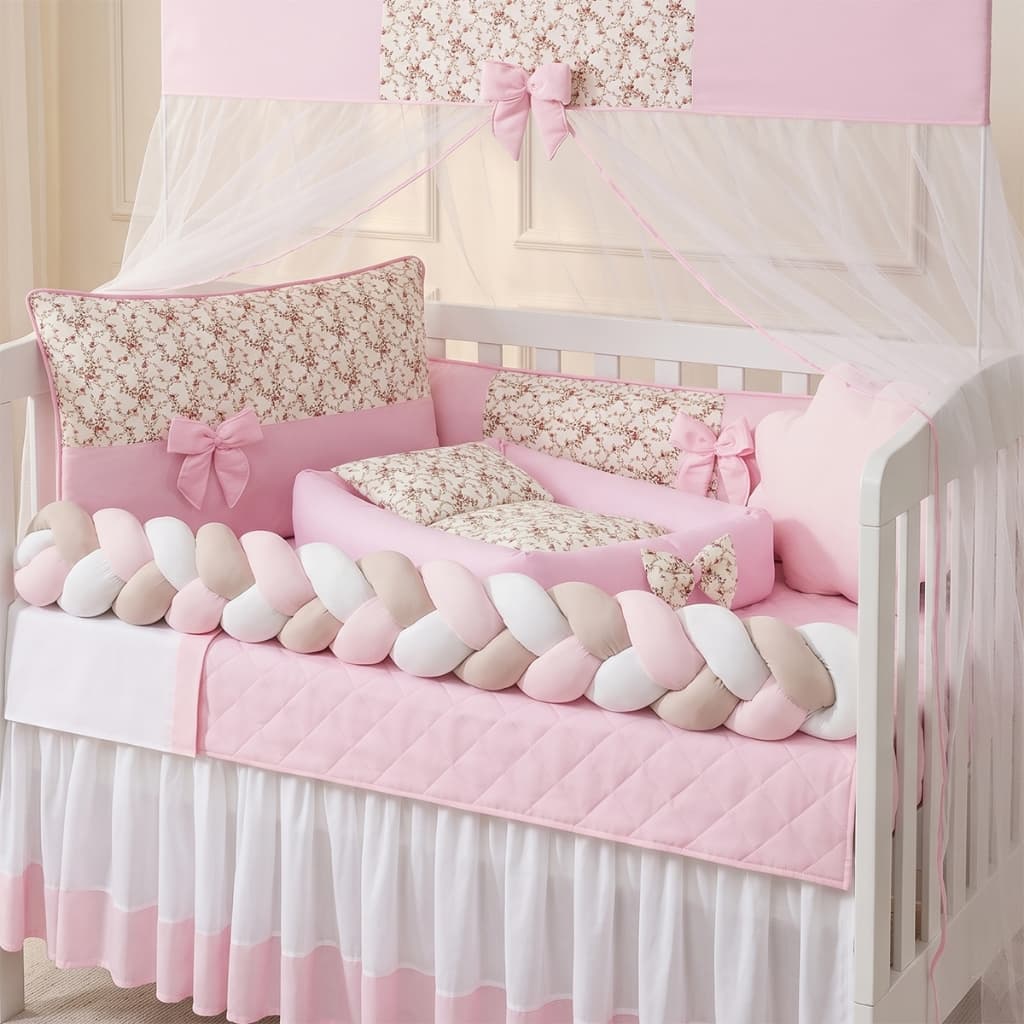 Kit Berço Trançado Premium 15 Peças Rosa com Ninho Redutor | Enxoval Completo Bebê Menina