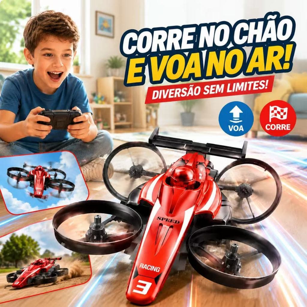 Brinquedo Drone Carrinho 2em1 Controle Remoto 2.4GHz, Voa e Anda no Solo, Manobras 360°, Retorno com Um Toque
