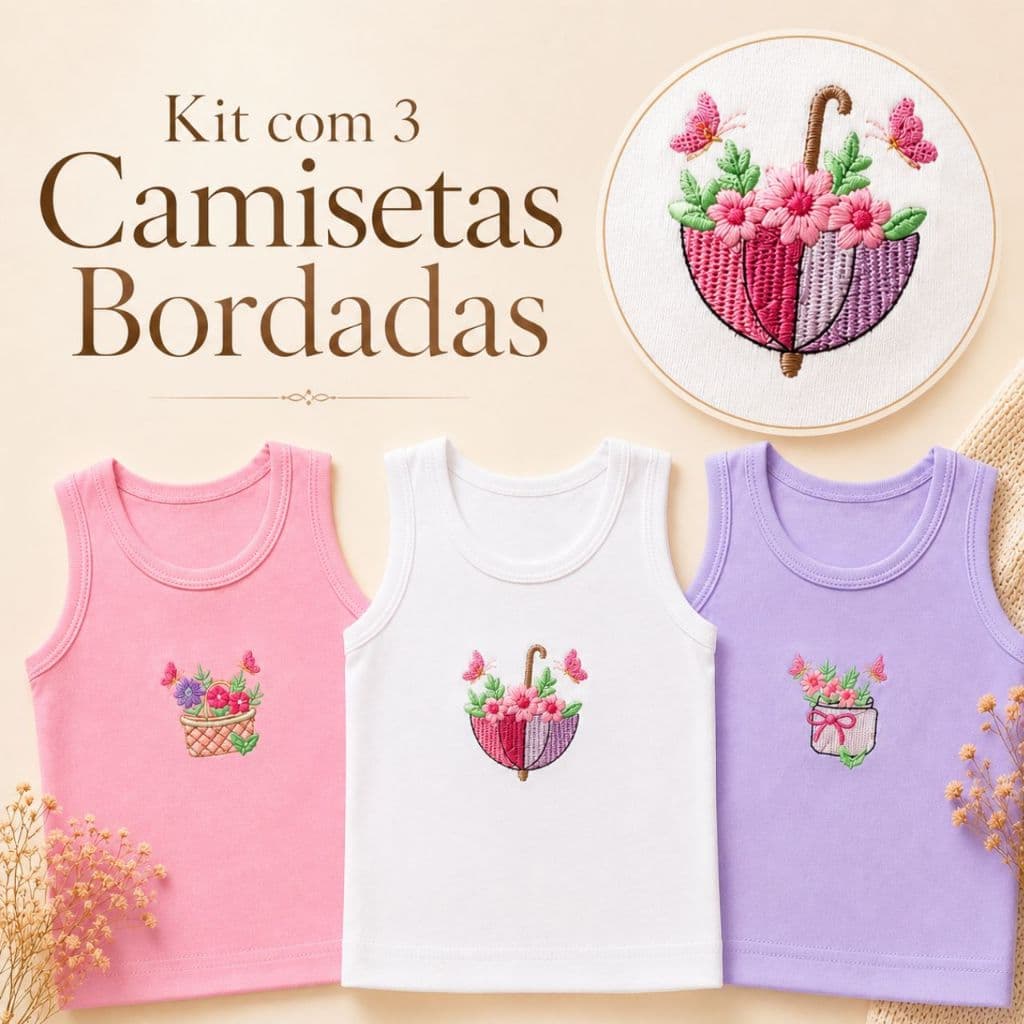 Kit 3 Camisetas Regata Bebê 100% Algodão Malha Macia Enxoval Menino Menina Cores Sortidas Bordadas