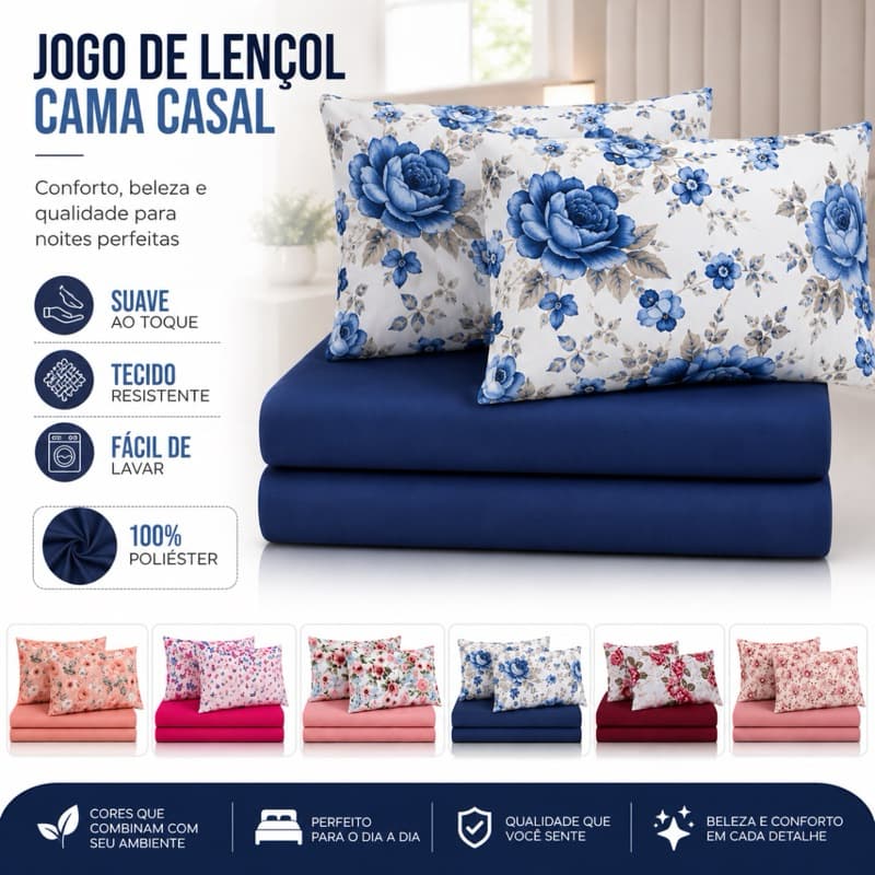 Jogo de Lençol Casal 3 Peças Bouti Garden Lençol com Elástico + 2 Fronhas Toque Macio Estampado Floral