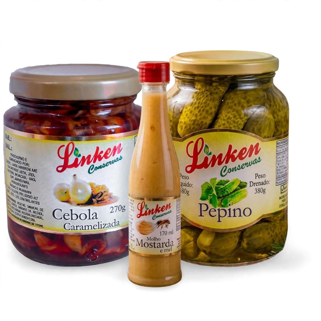 Kit Acompanhamento Hambúrguer: Cebola Caramelizada, Picles de Pepino e Molho Mostarda e Mel | Linken Conservas