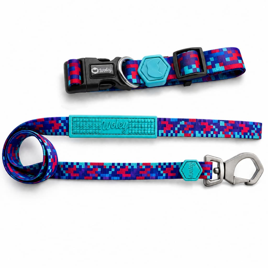 Kit Coleira e Guia G Porte Grande Woley Azul Pixel Ajustável Reforçada Para Cães
