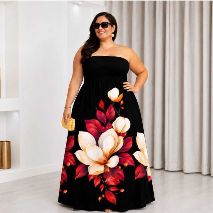 Vestido Femenino Longo PLUS SIZE Elegante estampa FLORAL GRANDE Casual e de Ferias