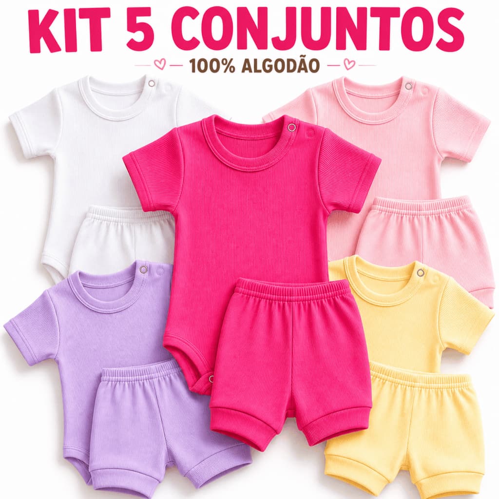 Kit 10 Peças Conjunto Bebê Menina Body e Short Cores Lisas Roupa Bebê Enxoval Verão RN P M G 5 Conjuntos