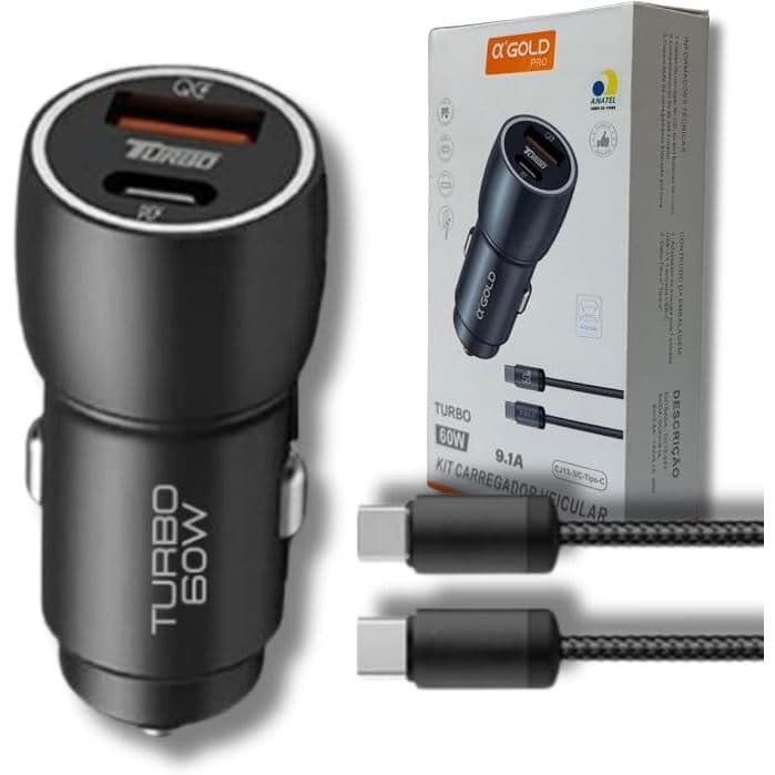 Carregador Veicular Turbo 60W Pro, Kit com Cabo USB-C. Duas portas USB 3.0 + USB-C, Led, Carregamento Rápido 9.1A Fast C