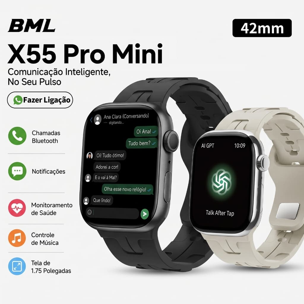 2026 Smartwatch X55Pro Mini 38MM Relógio Smartwatch GPS NFC Bussola Calculadora Chat GPT Receber Notificação Chamadas