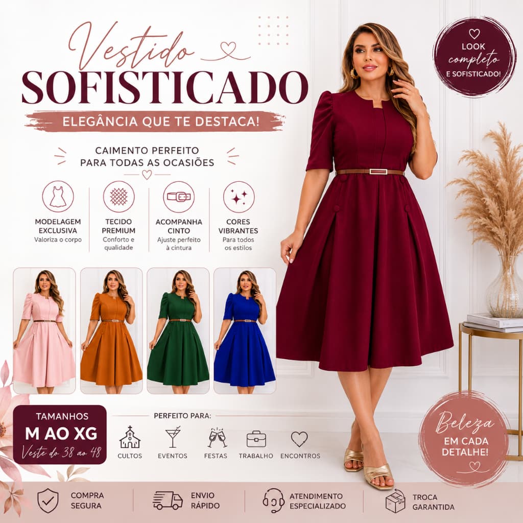 VESTIDO MIDI MALHA CREPE; MODA EVANGELICA ELEGANTE; ACINTURADO COM CINTO; CONGRESSO, CULTO; CRISTÃO.
