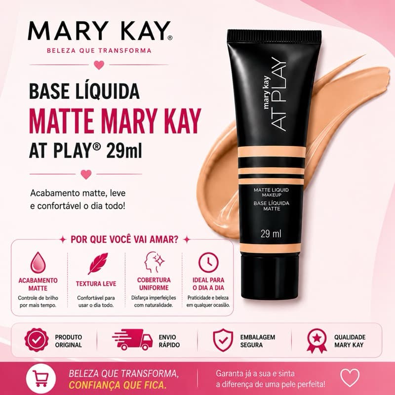 Base Líquida Matte Mary Kay At Play 29ml Original | Alta Cobertura | Longa Duração | Efeito Matte