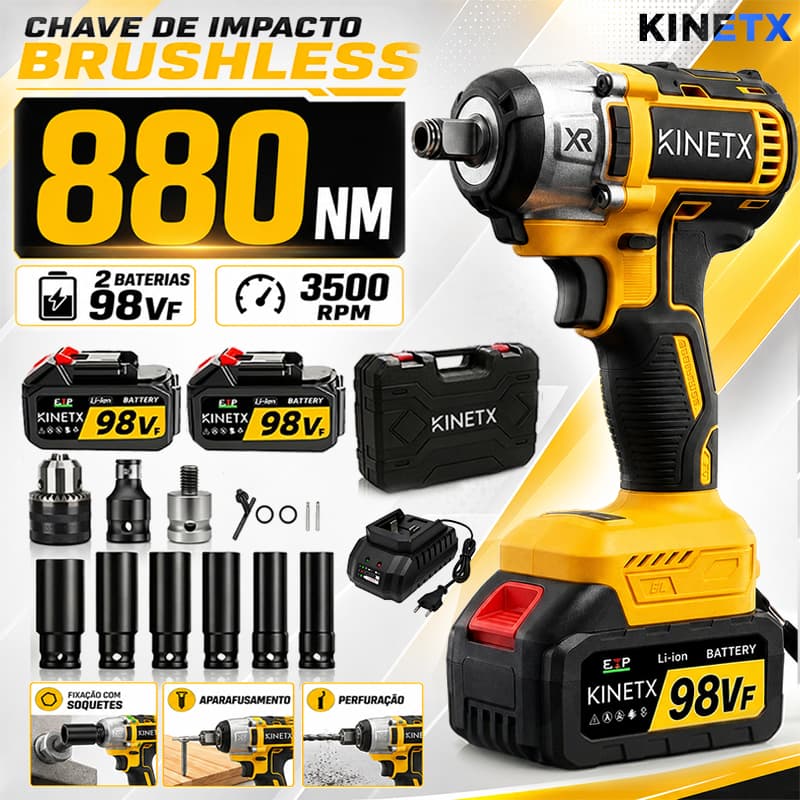 Chave De Impacto Parafusadeira Furadeira 98VF 2 Baterias Sem Fio Soquetes com Maleta Profissional | KINETX