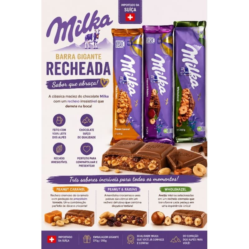 🇨🇭 Chocolate Milka Importado 270g Peanut Caramel Barra Gigante Recheada