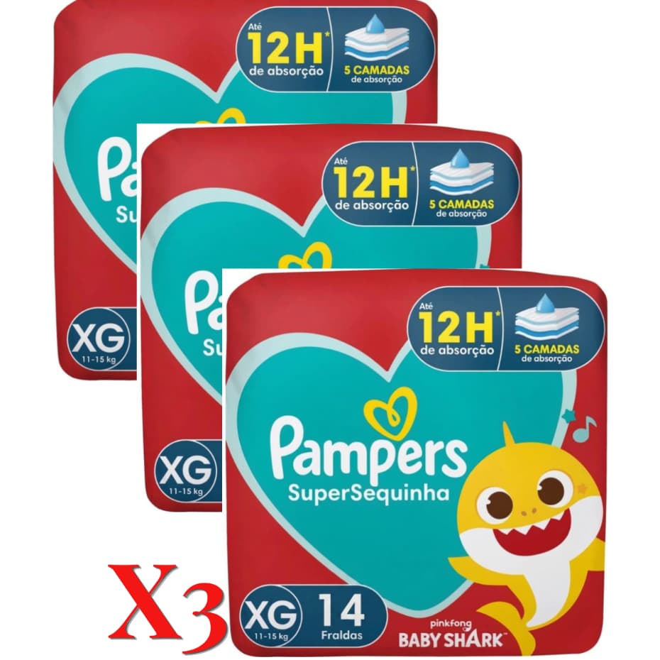 Kit 3 Fraldas Descartável Pampers Supersequinha Xg Com 14 Unidades Cada