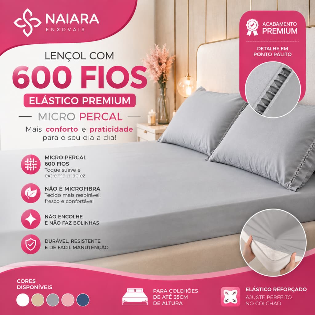 Jogo de Lençol Percal 600 Fios Premium 03 Peças Macio Solteiro, Casal, Queen e King Ponto Palito