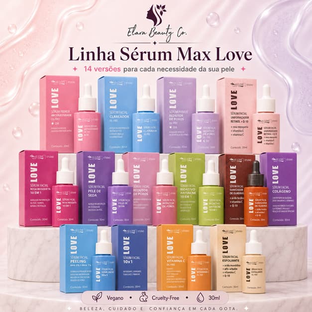Sérum Facial Max Love 30ml Skincare | Antioleosidade Clareador Poros Retinol Rosa Mosqueta Vitamina C Colágeno Peeling