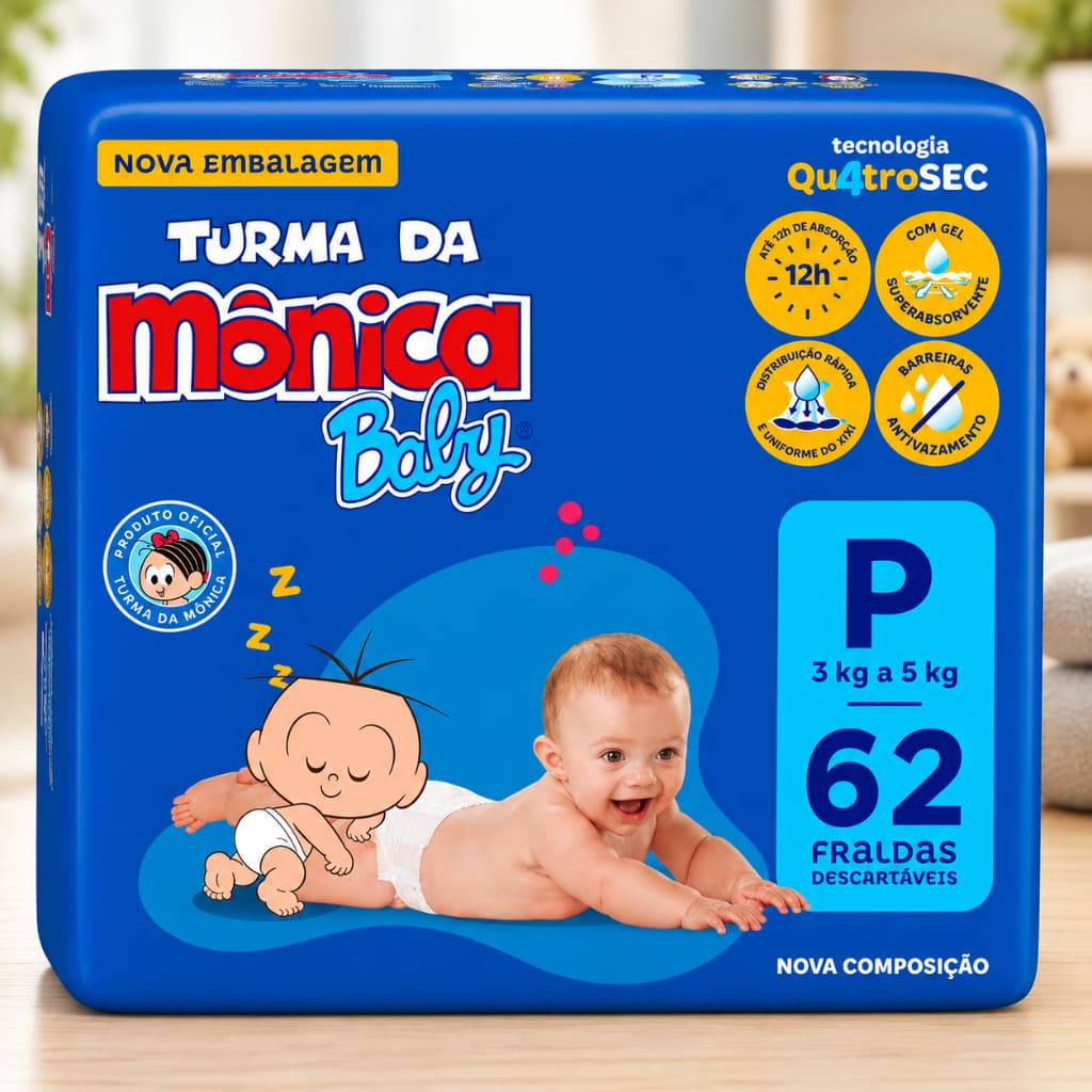 Fralda Turma da Mônica Baby Mega P com 62 Unidades